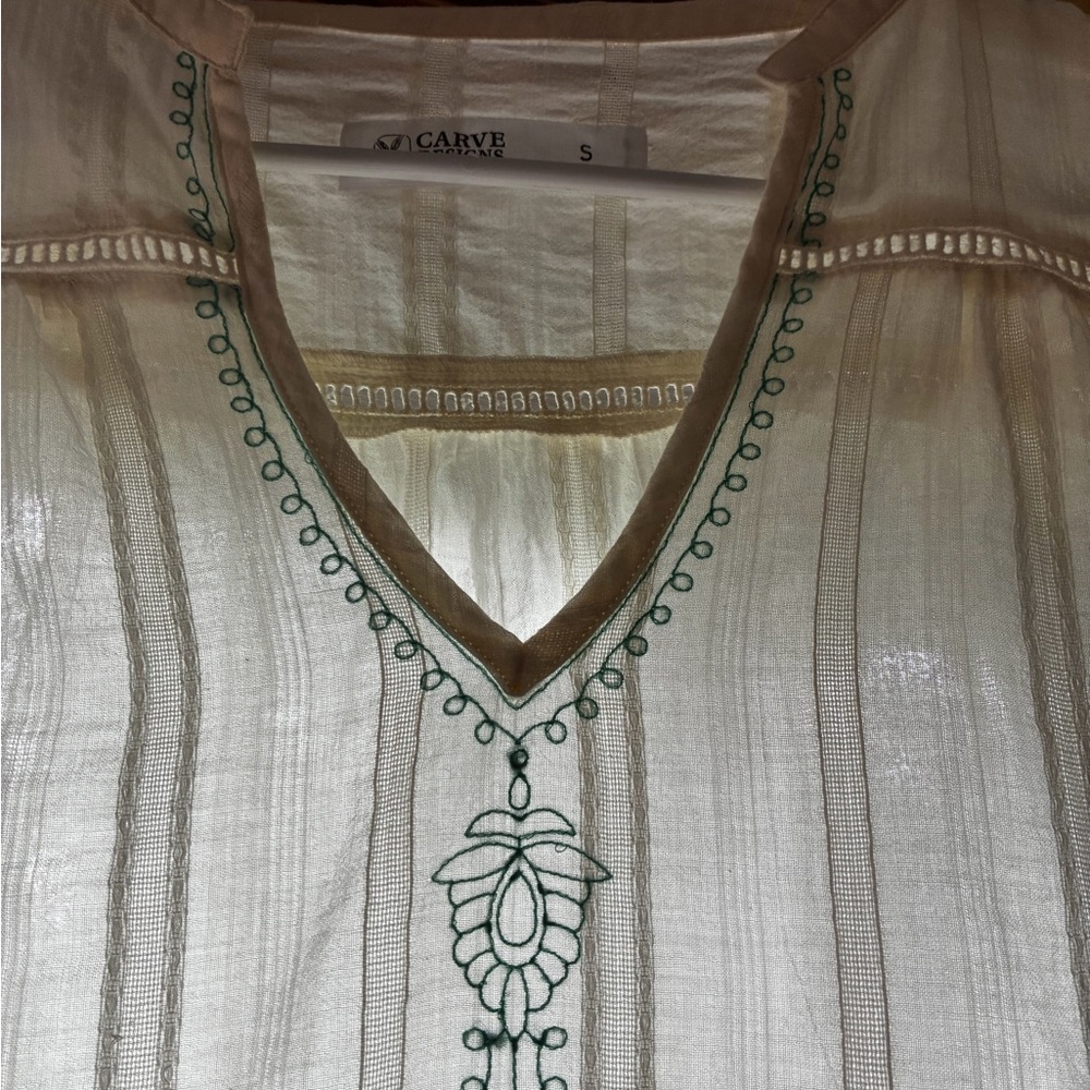 Carve Designs Ivory Gauze V-Neck Tunic with Green Embroidery